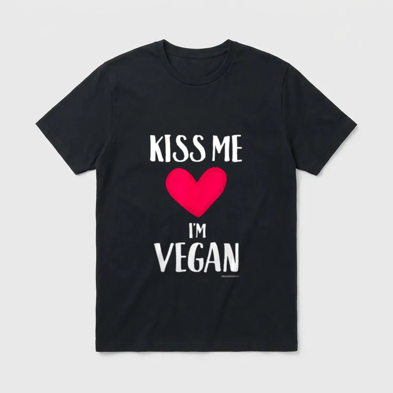 Kiss me I'm Vegan Valentines T-Shirt – Red heart graphic with white text reading Kiss Me I'm Vegan – Classic T-Shirt in Black