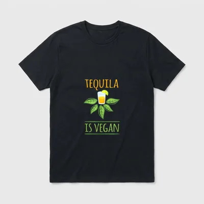 Funny Tequila Is Vegan Drinking T-Shirt – Tequila is vegan text with shot glass and green leaves – Classic T-Shirt in Black