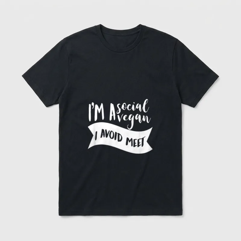 I'm A Social T-Shirt – White text reading I'm A Social Vegan I Avoid Meet on a ribbon banner – Classic T-Shirt in Black