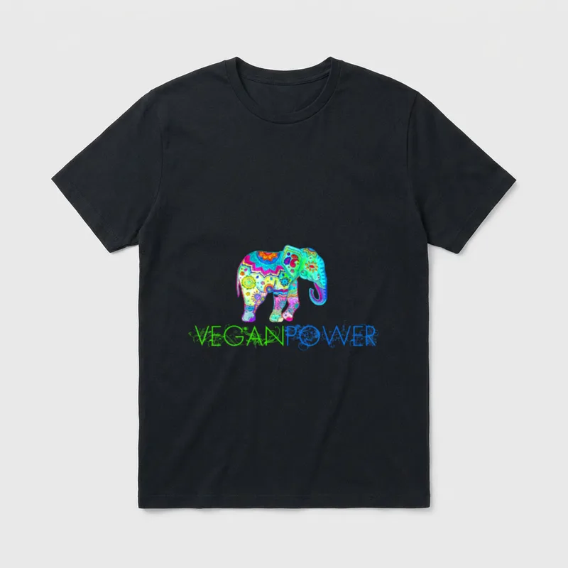 Vegan Power Elephant Mandala Vegan T-Shirt – Colorful mandala elephant with VEGAN POWER text below – Classic T-Shirt in Black
