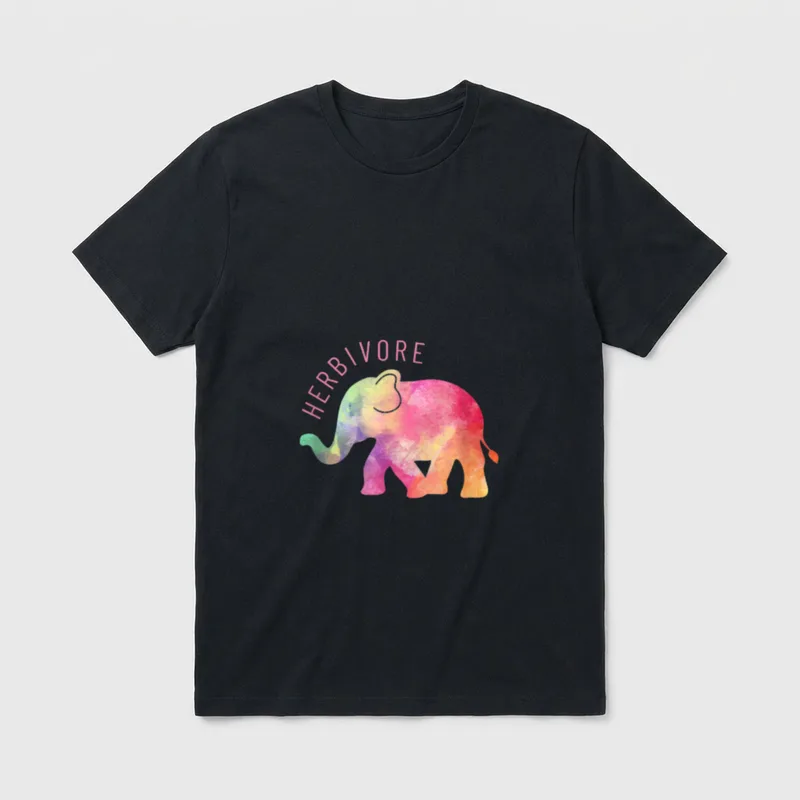 Herbivore Elephant Watercolor Vegan T-Shirt – Rainbow watercolor elephant with pink HERBIVORE text – Classic T-Shirt in Black