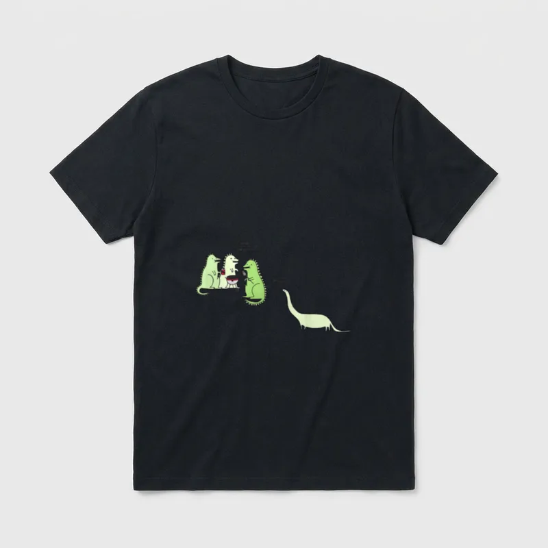 Who Invited T-Shirt – Dinosaurs at BBQ with text about inviting a herbivore who brought hummus – Classic T-Shirt in Black