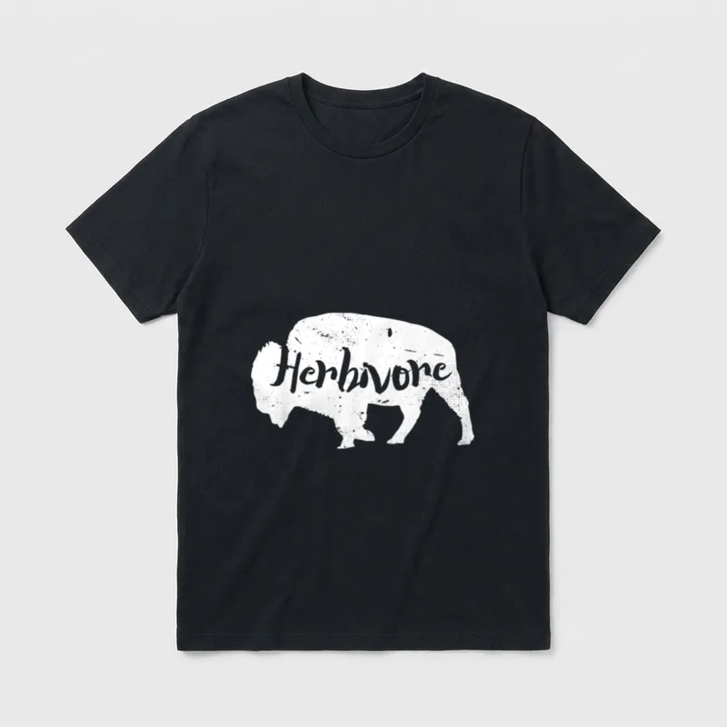 Herbivore Bison Animal Image T-Shirt – White bison silhouette with Herbivore text overlay – Classic T-Shirt in Black