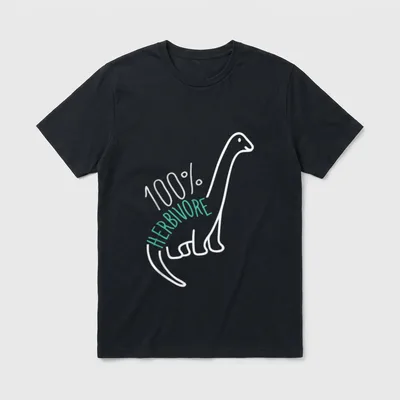 Herbivore Vegan Funny Cute T-Shirt – Dinosaur outline with 100% HERBIVORE text in teal and white – Classic T-Shirt in Black