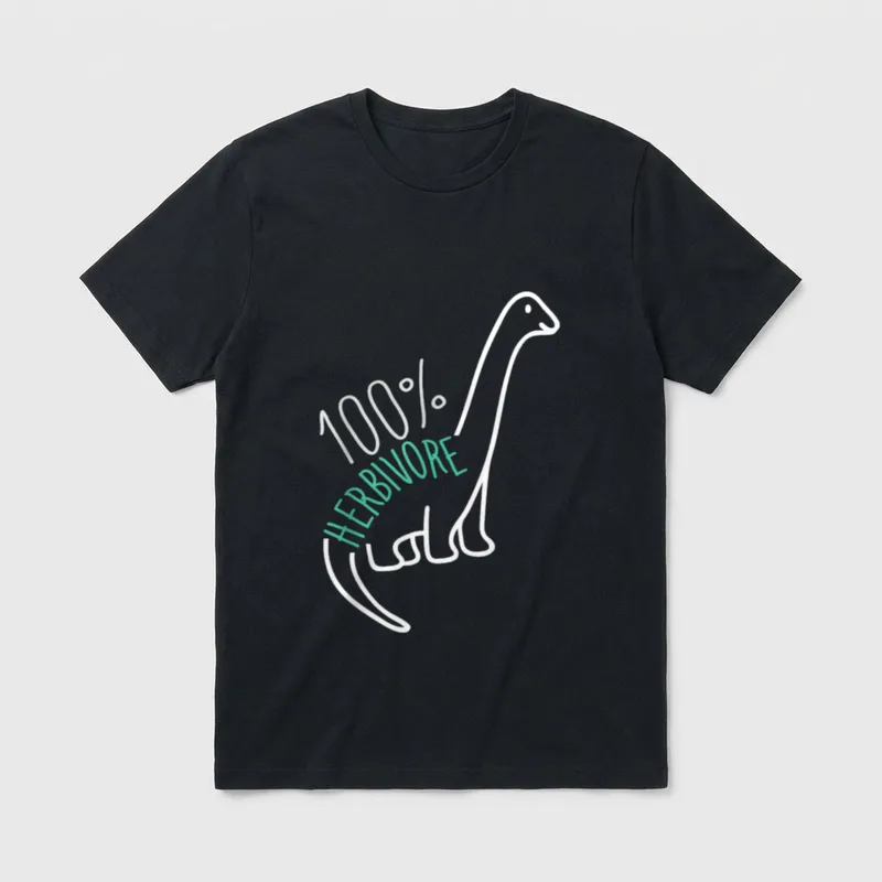 Herbivore Vegan Funny Cute T-Shirt – Dinosaur outline with 100% HERBIVORE text in teal and white – Classic T-Shirt in Black