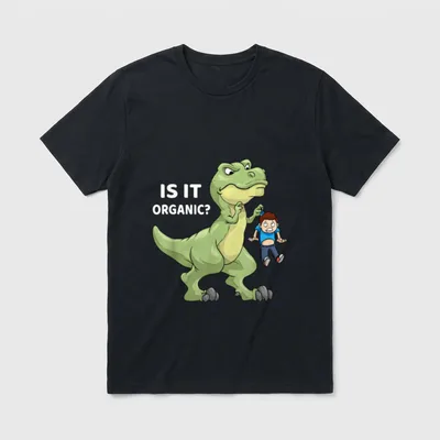 Is it organic T-Rex T-Shirt – Cartoon T-Rex holding a man with text IS IT ORGANIC? – Classic T-Shirt in Black