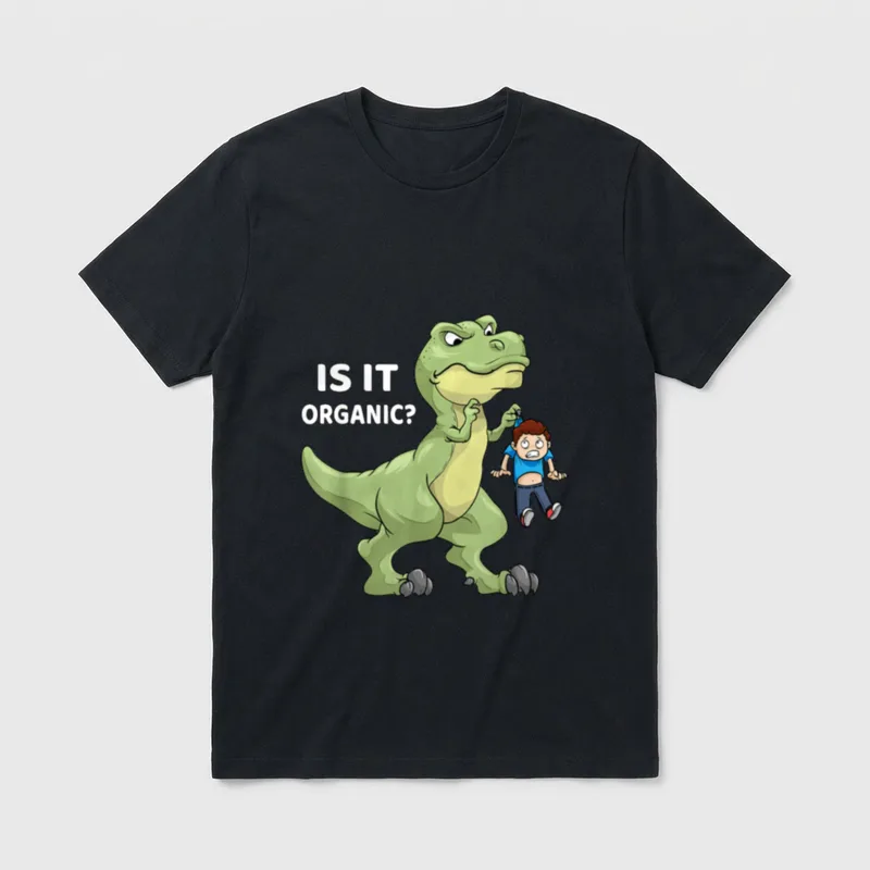 Is it organic T-Rex T-Shirt – Cartoon T-Rex holding a man with text IS IT ORGANIC? – Classic T-Shirt in Black