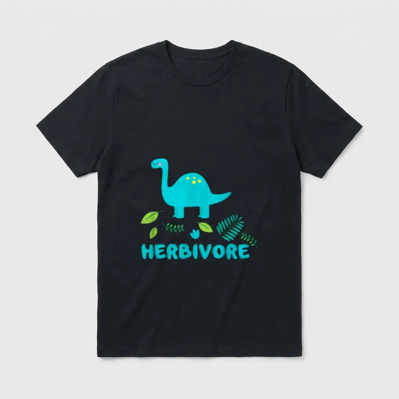 Herbivore-Happy Herbivore-Humans T-Shirt – Cute blue dinosaur with HERBIVORE text and fern leaves – Classic T-Shirt in Black