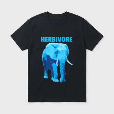 Mighty Herbivore Majestic T-Shirt – Blue graphic elephant with bold text HERBIVORE above – Classic T-Shirt in Black
