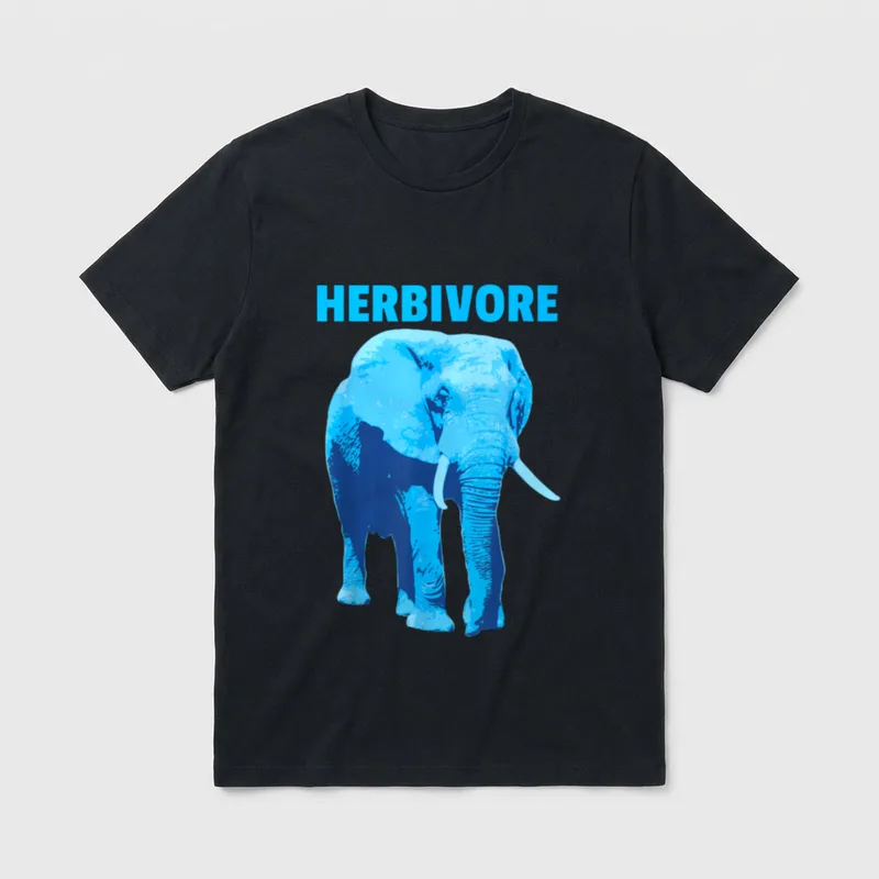 Mighty Herbivore Majestic T-Shirt – Blue graphic elephant with bold text HERBIVORE above – Classic T-Shirt in Black