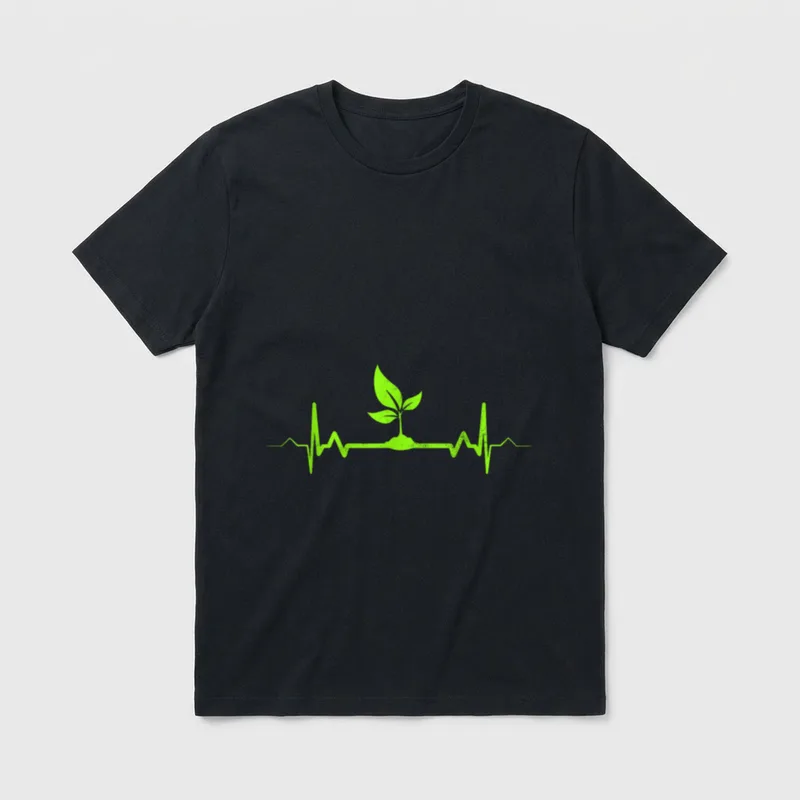 Plant Heartbeat Vegan Plant T-Shirt – Neon green seedling sprouting from a heartbeat monitor line – Classic T-Shirt in Black