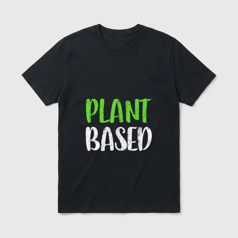 Plant Based Vegan For Men T-Shirt – PLANT in lime green, BASED in white distressed text – Classic T-Shirt in Black