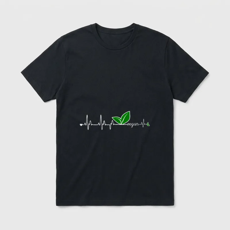 Vegan Heartbeat Clothing Vegan T-Shirt – Heartbeat line with "vegan" text and green plant leaves – Classic T-Shirt in Black