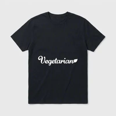 Vegetarian For Vegan Lifestyle T-Shirt – The word Vegetarian in white script with a leaf accent – Classic T-Shirt in Black