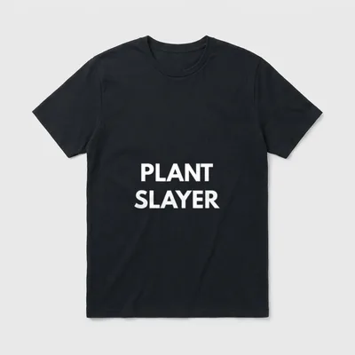 Plant Slayer Vegan T-Shirt – Bold white text reading PLANT SLAYER on a grey background – Classic T-Shirt in Black