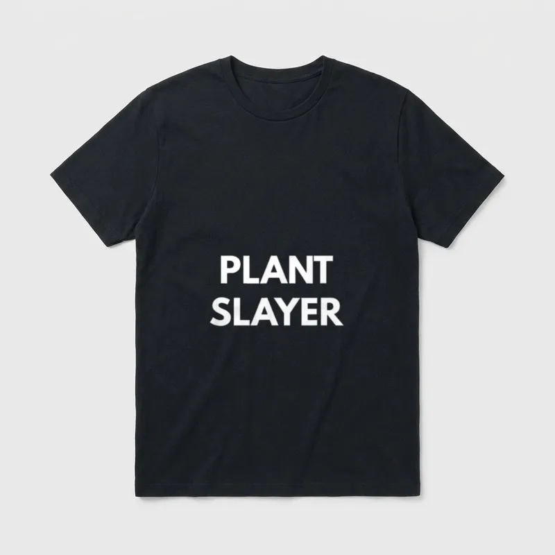 Plant Slayer Vegan T-Shirt – Bold white text reading PLANT SLAYER on a grey background – Classic T-Shirt in Black