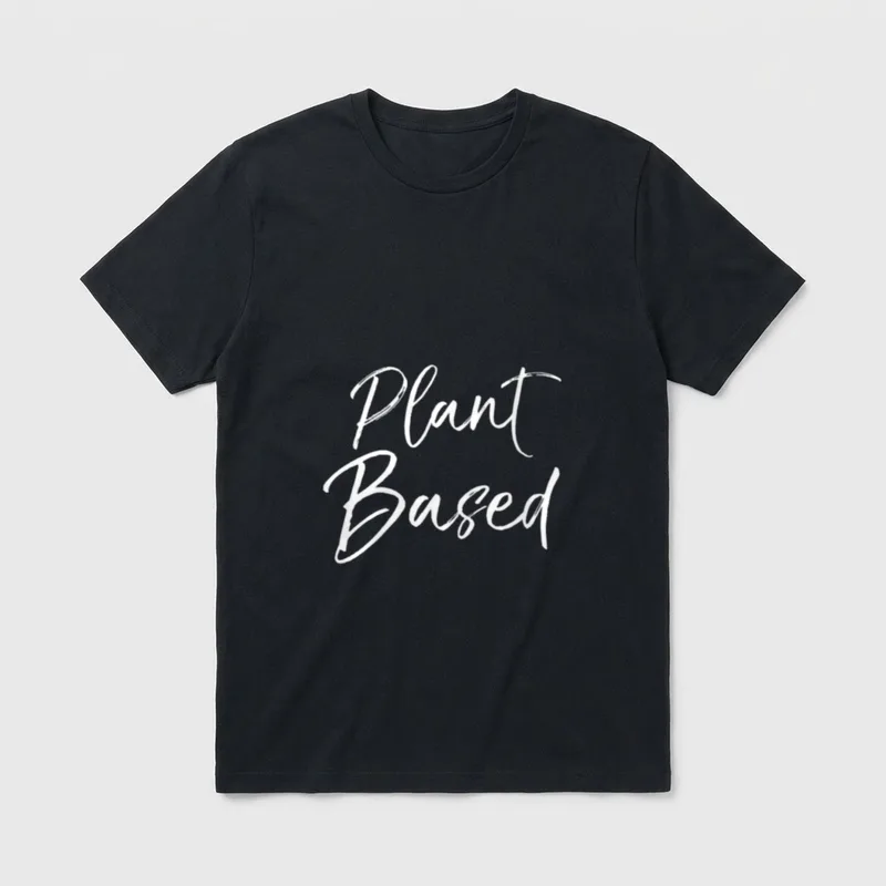 Cute Vegan Fun Vegetarian T-Shirt – White Plant Based script text on grey background – Classic T-Shirt in Black