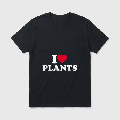 I Love Plants T-Shirt – Red heart symbol between I and PLANTS in white serif font – Classic T-Shirt in Black