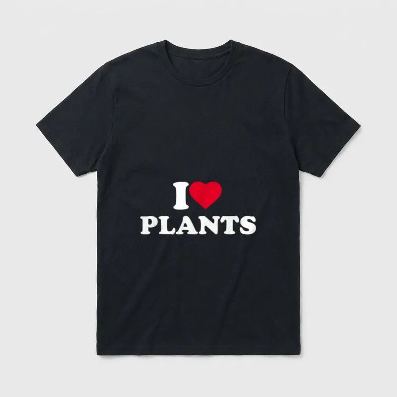 I Love Plants T-Shirt – Red heart symbol between I and PLANTS in white serif font – Classic T-Shirt in Black