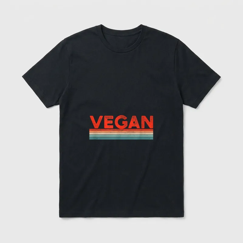 Vegan Retro Plant Based for Women T-Shirt – Red VEGAN text with orange and teal retro stripes – Classic T-Shirt in Black