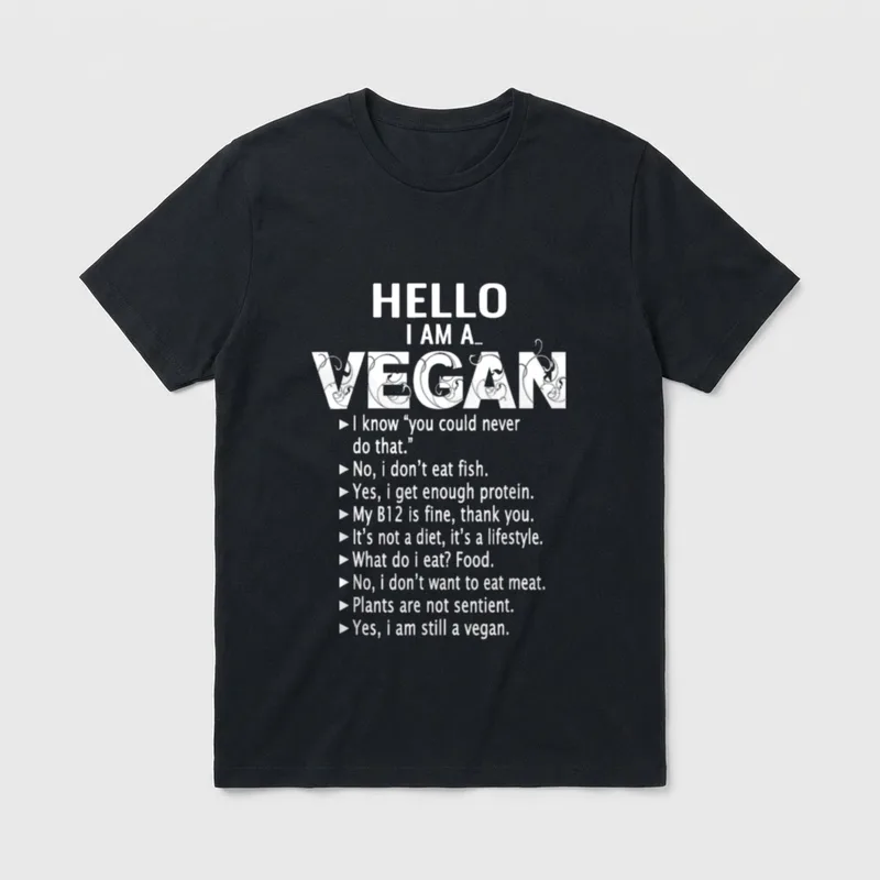 Funny Pro Vegan Activism Gym T-Shirt – HELLO I AM A VEGAN with humorous comeback responses – Classic T-Shirt in Black
