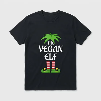 Vegan Elf Family Matching T-Shirt – The Vegan Elf text with elf legs and green leaves – Classic T-Shirt in Black