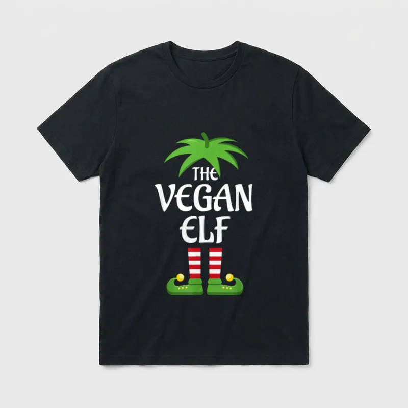 Vegan Elf Family Matching T-Shirt – The Vegan Elf text with elf legs and green leaves – Classic T-Shirt in Black