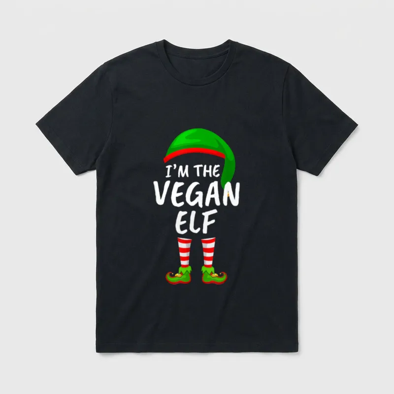 Matching Family Funny I'm T-Shirt – Green elf hat and striped socks with Vegan Elf text – Classic T-Shirt in Black