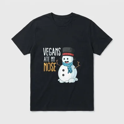 Vegans Ate My Nose T-Shirt – Snowman without a carrot nose next to text reading Vegans Ate My Nose – Classic T-Shirt in Black