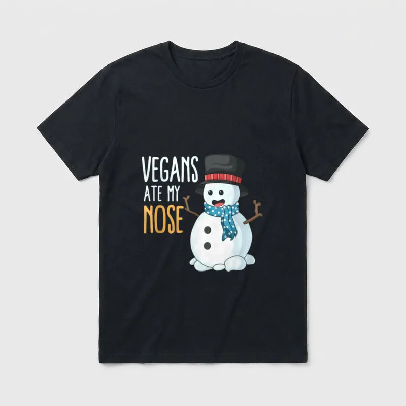 Vegans Ate My Nose T-Shirt – Snowman without a carrot nose next to text reading Vegans Ate My Nose – Classic T-Shirt in Black