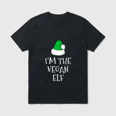 I'm The Vegan Elf T-Shirt – Green Santa hat above white I'M THE VEGAN ELF text – Classic T-Shirt in Black