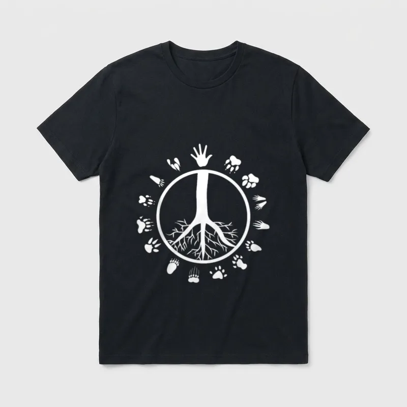 Peace Sign Tree Roots T-Shirt – Peace sign tree with animal tracks and roots – Classic T-Shirt in Black