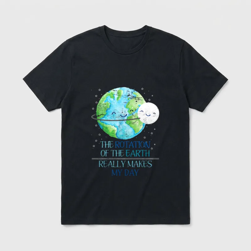 Vegan Nature Earth T-Shirt – Smiling Earth and Moon with text about rotation making my day – Classic T-Shirt in Black