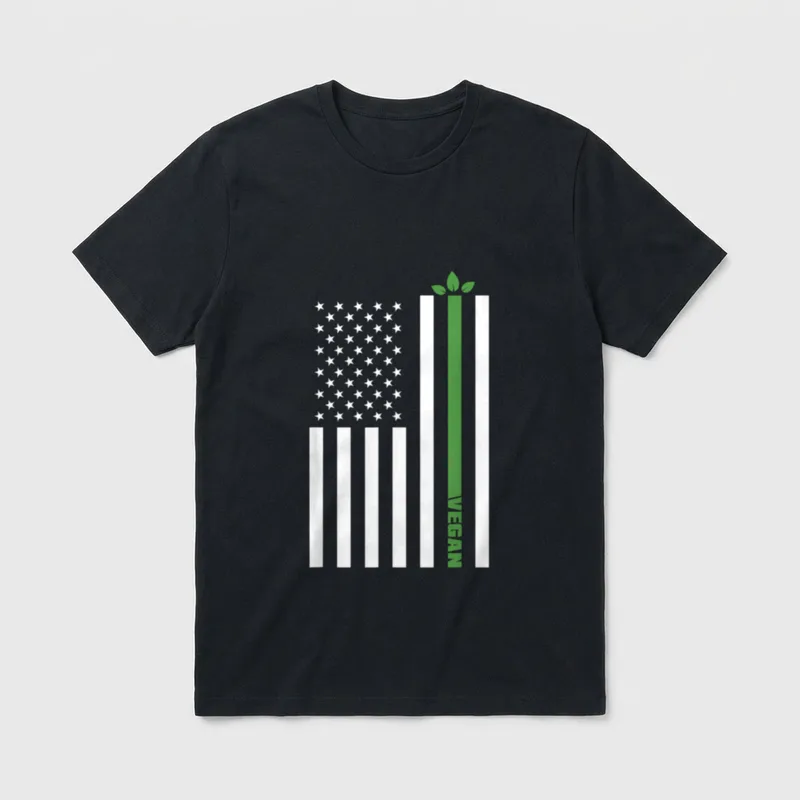 USA Flag Veganism Animal T-Shirt – Stylized US flag with green plant stripe and VEGAN text – Classic T-Shirt in Black