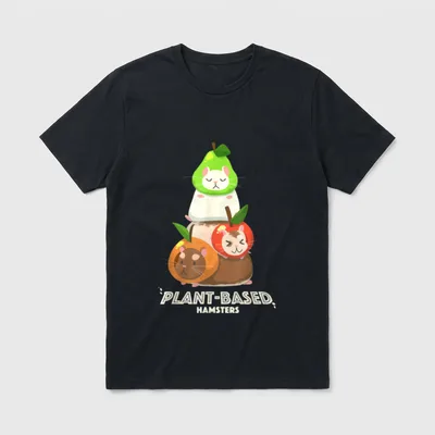 Nature and Animal Lover T-Shirt – Three hamsters in fruit costumes with plant-based hamsters text – Classic T-Shirt in Black