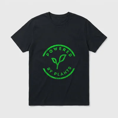 Powered by Plants T-Shirt – Green circle with seedling and text POWERED BY PLANTS – Classic T-Shirt in Black
