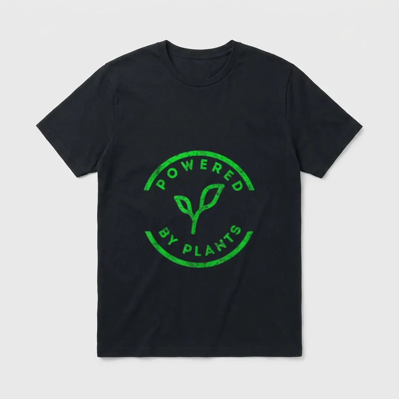 Powered by Plants T-Shirt – Green circle with seedling and text POWERED BY PLANTS – Classic T-Shirt in Black