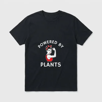 Powered By Plants Retro T-Shirt – POWERED BY PLANTS text with retro illustration of woman flexing – Classic T-Shirt in Black