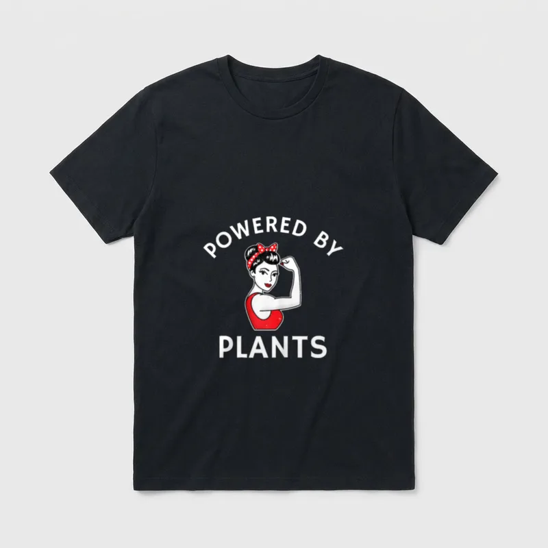 Powered By Plants Retro T-Shirt – POWERED BY PLANTS text with retro illustration of woman flexing – Classic T-Shirt in Black