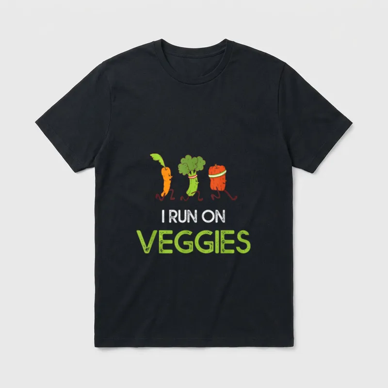 I Run On Veggies T-Shirt – Three cartoon vegetables running with text 'I RUN ON VEGGIES' – Classic T-Shirt in Black