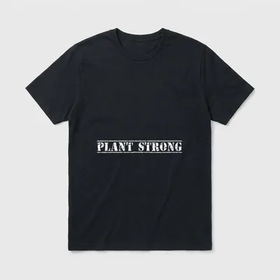 PLANT STRONG Grunge Design T-Shirt – White distressed text reading PLANT STRONG on gray background – Classic T-Shirt in Black