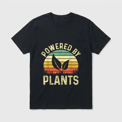 Vegan Plant Powered T-Shirt – "POWERED BY PLANTS" text with retro sunset and leaf design – Classic T-Shirt in Black