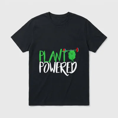 Vegan Workout Design T-Shirt – Cartoon leaf lifting a barbell next to Plant Powered text – Classic T-Shirt in Black