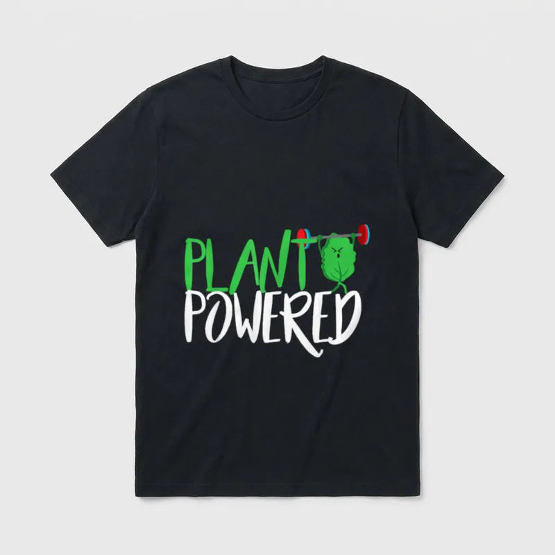 Vegan Workout Design T-Shirt – Cartoon leaf lifting a barbell next to Plant Powered text – Classic T-Shirt in Black