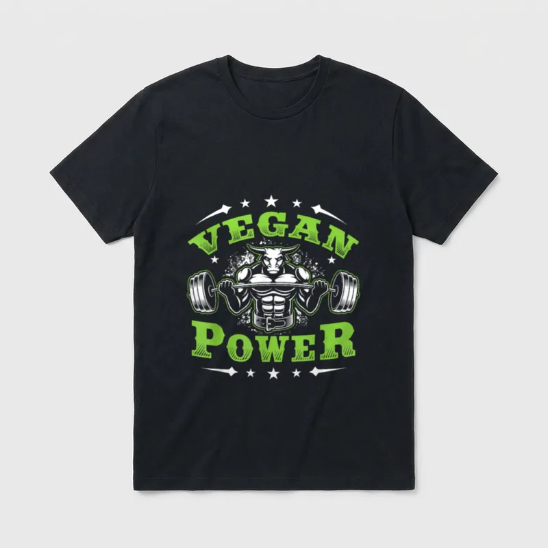 Vegan Fitness Workout Vegan T-Shirt – Muscular bull lifting barbell with VEGAN POWER text – Classic T-Shirt in Black