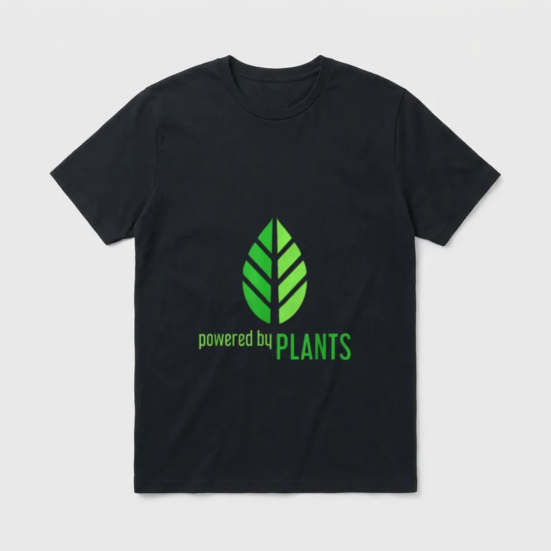 Plant Powered Lightweight T-Shirt – Two-tone green leaf graphic with powered by PLANTS text below – Classic T-Shirt in Black