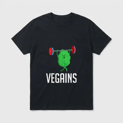 Vegan Athlete T-Shirt – Green leaf lifting barbell with VEGAINS text – Classic T-Shirt in Black