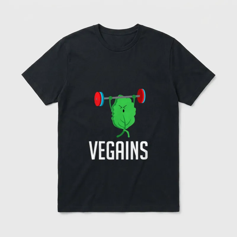 Vegan Athlete T-Shirt – Green leaf lifting barbell with VEGAINS text – Classic T-Shirt in Black
