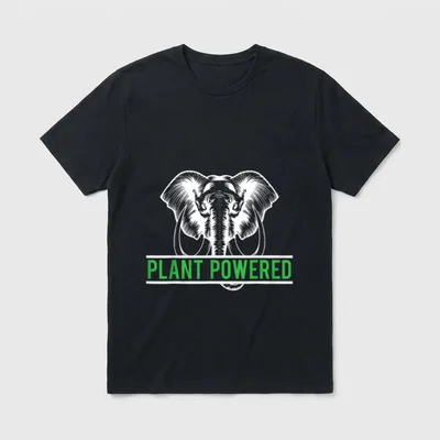 Vegan Plant Powered Workout T-Shirt – Engraved elephant head above green PLANT POWERED text – Classic T-Shirt in Black