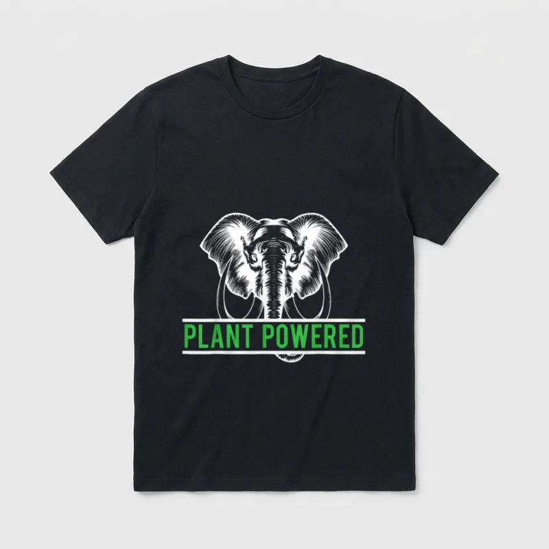 Vegan Plant Powered Workout T-Shirt – Engraved elephant head above green PLANT POWERED text – Classic T-Shirt in Black